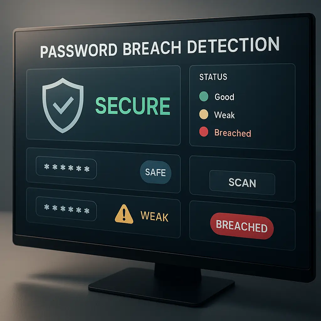 Laptop screen showing password security check interface with green checkmarks and warning symbols