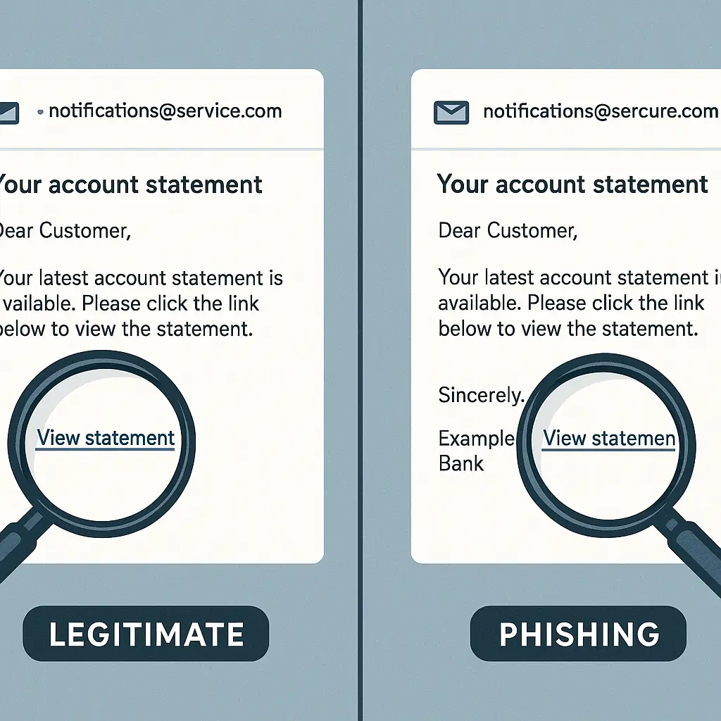 Checklist showing verification steps for suspicious emails with checkmarks and warning symbols