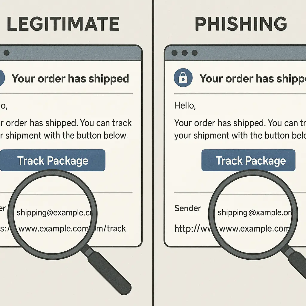 Split screen showing identical-looking emails, one legitimate and one phishing, with inspection magnifying glass