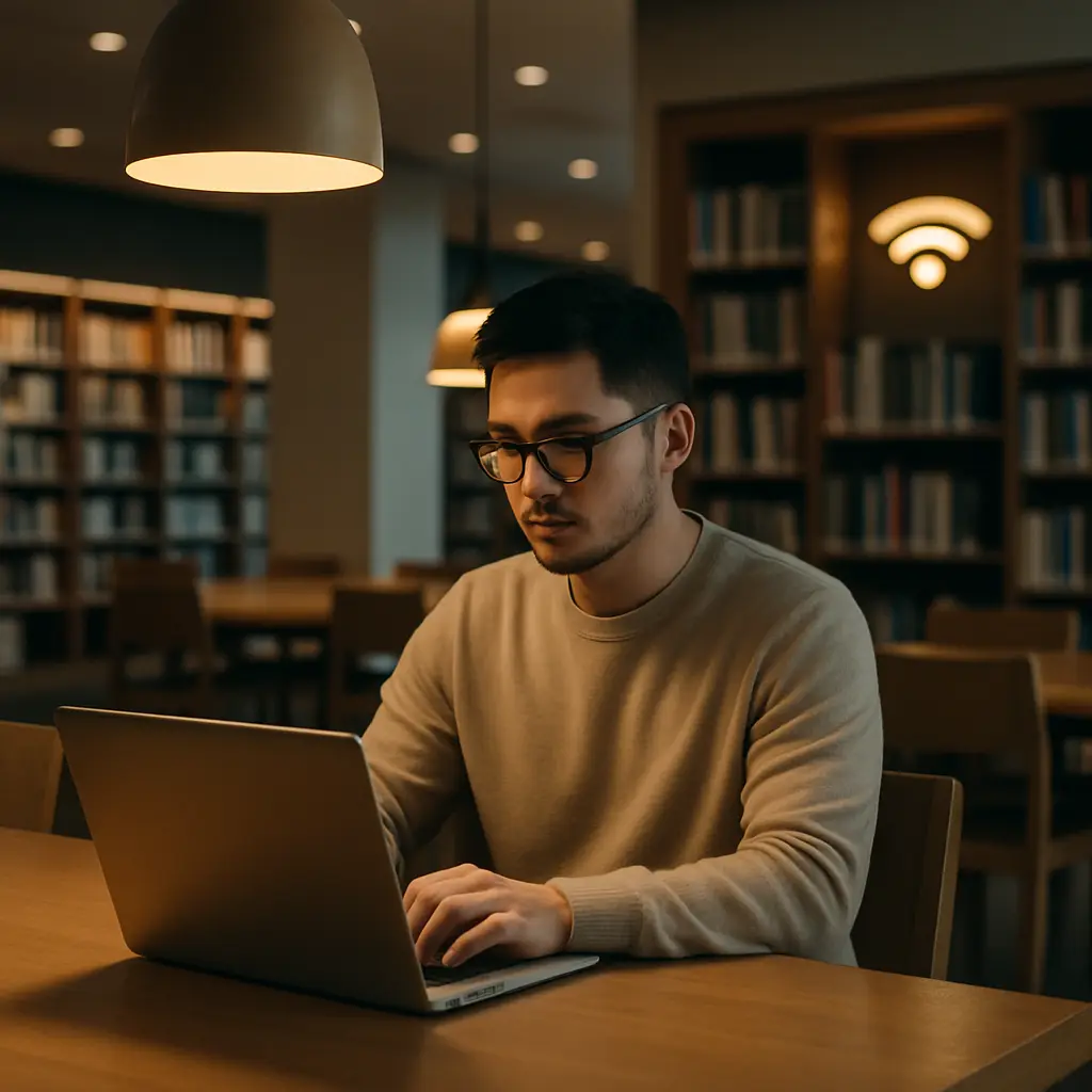 Library interior showing public WiFi access point and reading area