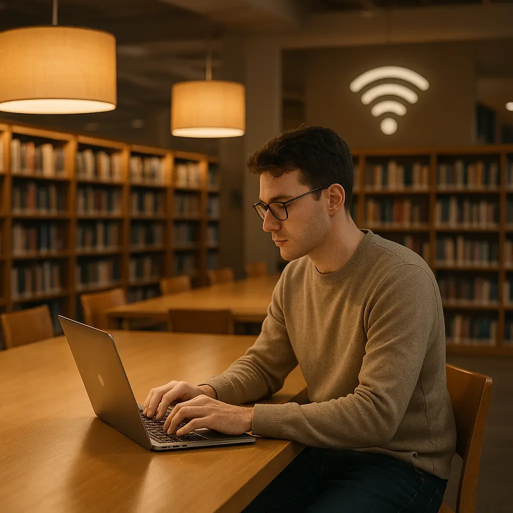 Person working on laptop at library table with books in background