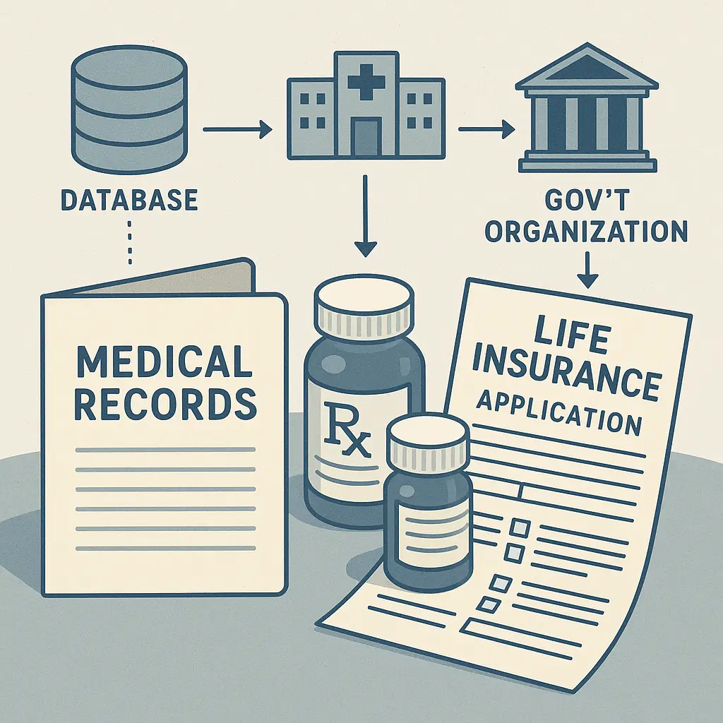 Medical records and life insurance application forms on a desk with a magnifying glass highlighting privacy policy text