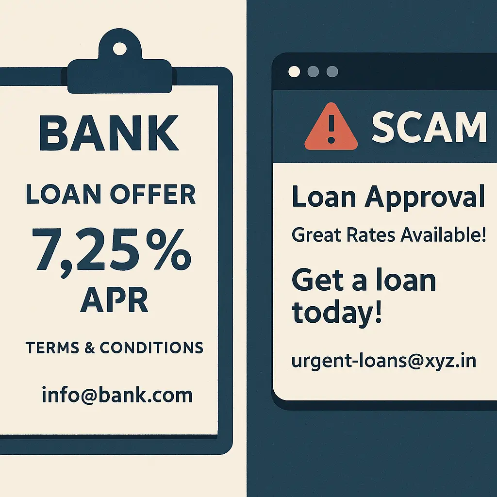 Split screen comparison showing legitimate loan disclosure document next to fake loan scam email with highlighted differences in sender verification and rate transparency