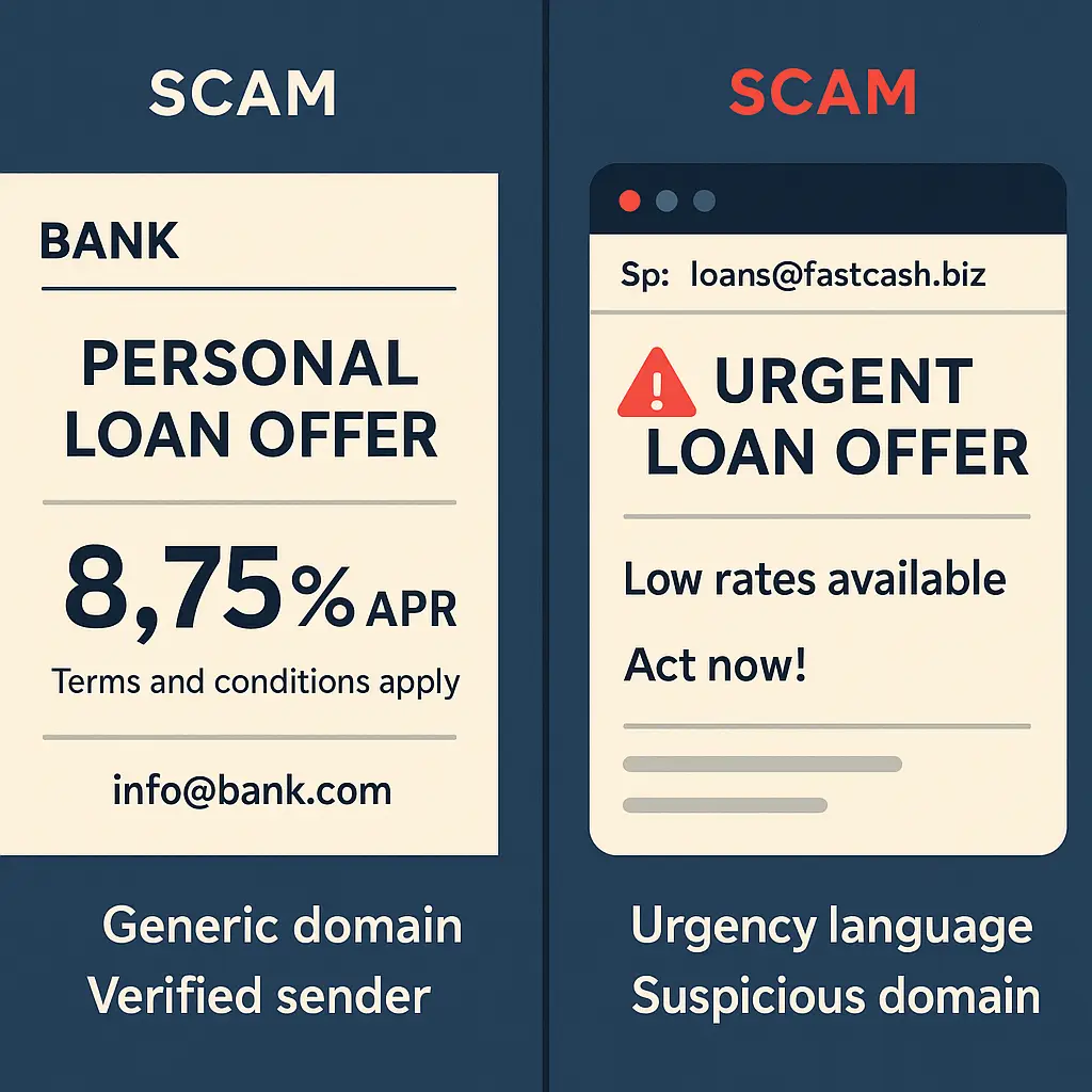 Inbox screenshot showing multiple loan pre-approval emails with red warning flags overlaid on suspicious sender addresses and too-good-to-be-true rates
