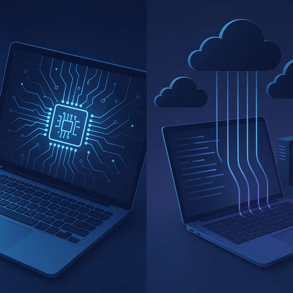 Decision flowchart showing factors to consider when choosing between local and cloud AI