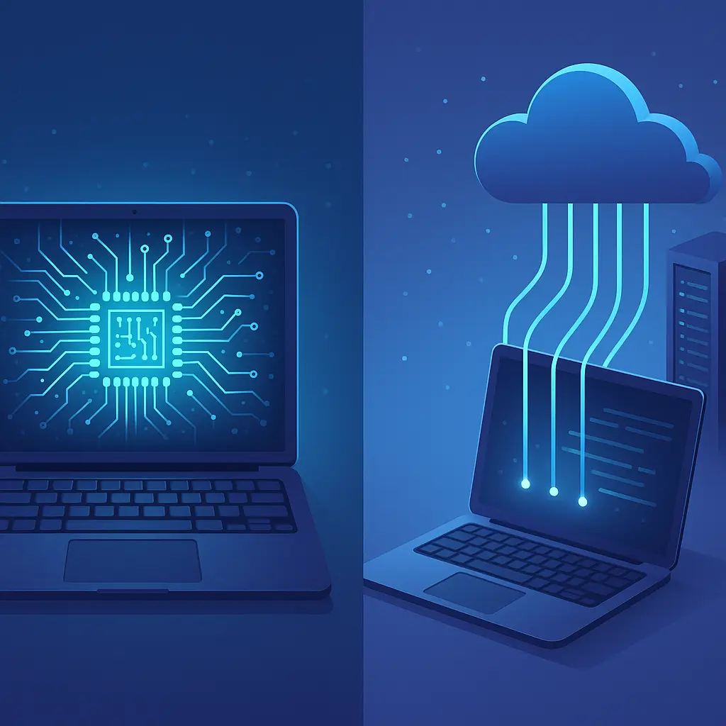 Split-screen illustration showing a laptop processing data locally on the left, and cloud servers processing data remotely on the right