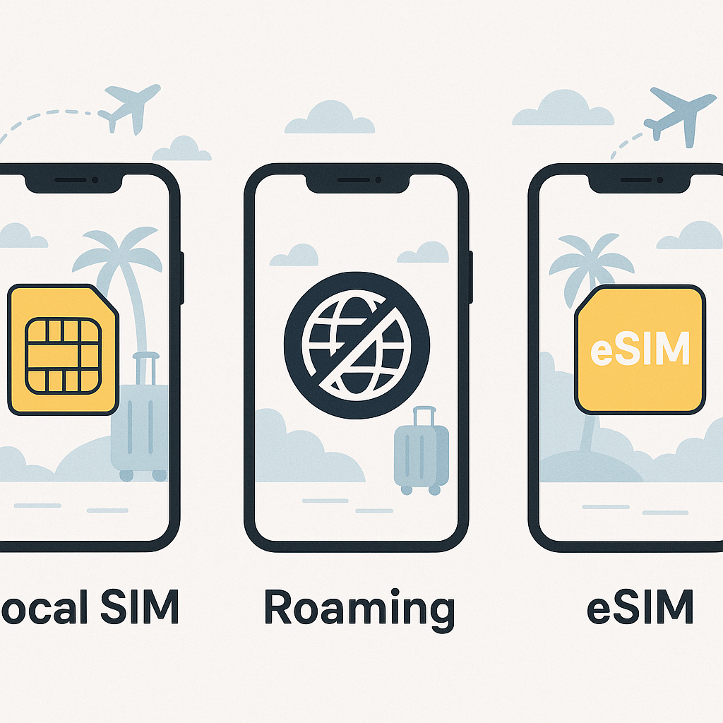 Three mobile phones displaying different connectivity options side by side