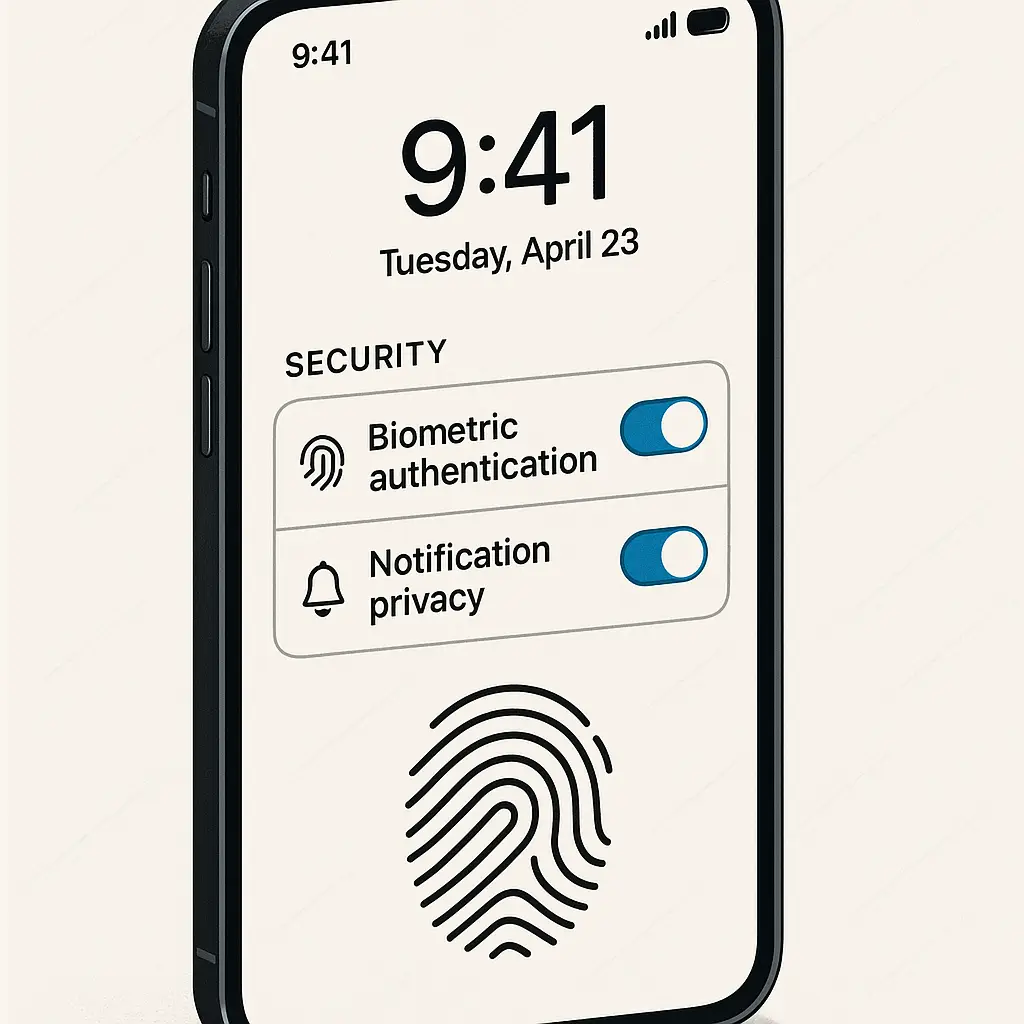 Smartphone displaying a properly configured lock screen with hidden notification content and biometric prompt