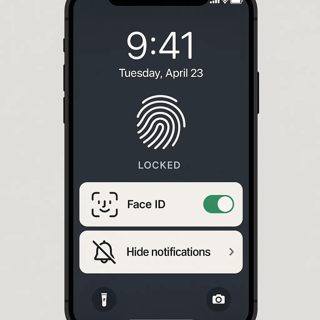 Close-up of a smartphone lock screen showing biometric authentication prompt and notification preview settings