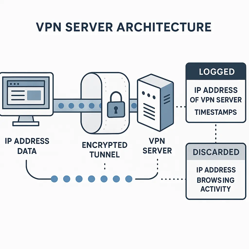 VPN connection diagram showing encrypted tunnel with no data retention