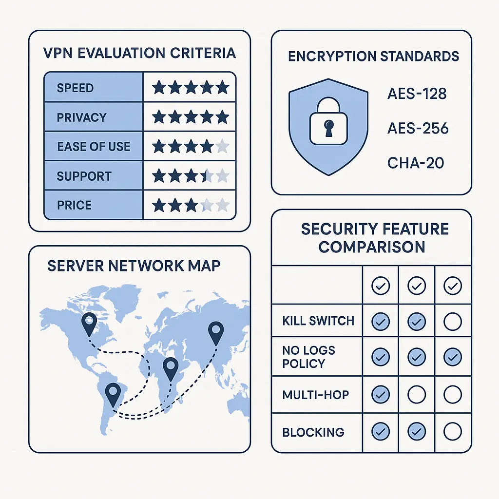 Laptop screen displaying VPN connection settings with encryption protocols, server locations, and security features highlighted