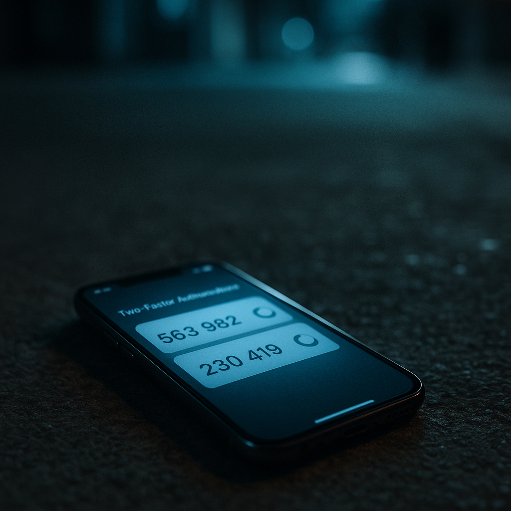 Phone displaying authenticator app codes lying face-down on pavement, symbolizing device loss and account recovery urgency