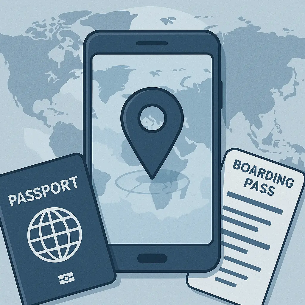 Smartphone with location pin on world map, surrounded by passport and travel documents