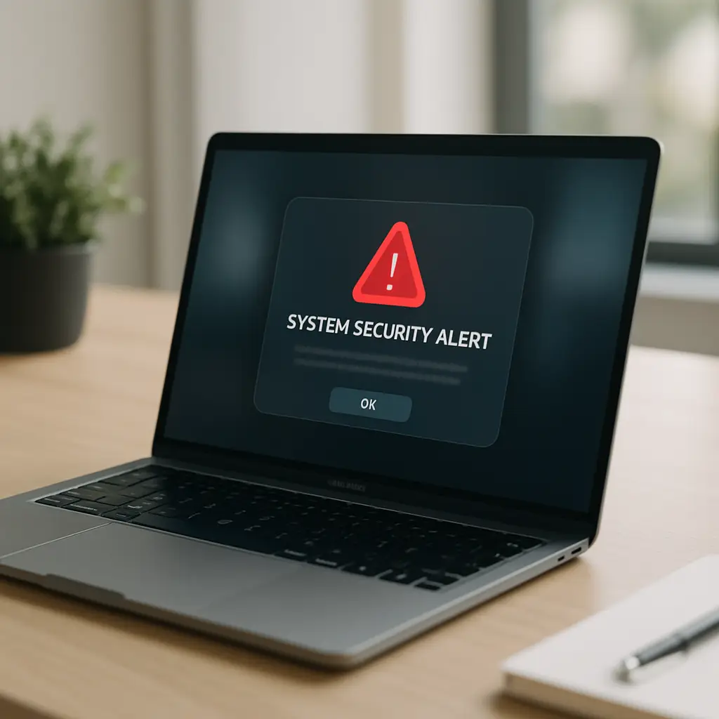 MacBook displaying system security warning on screen