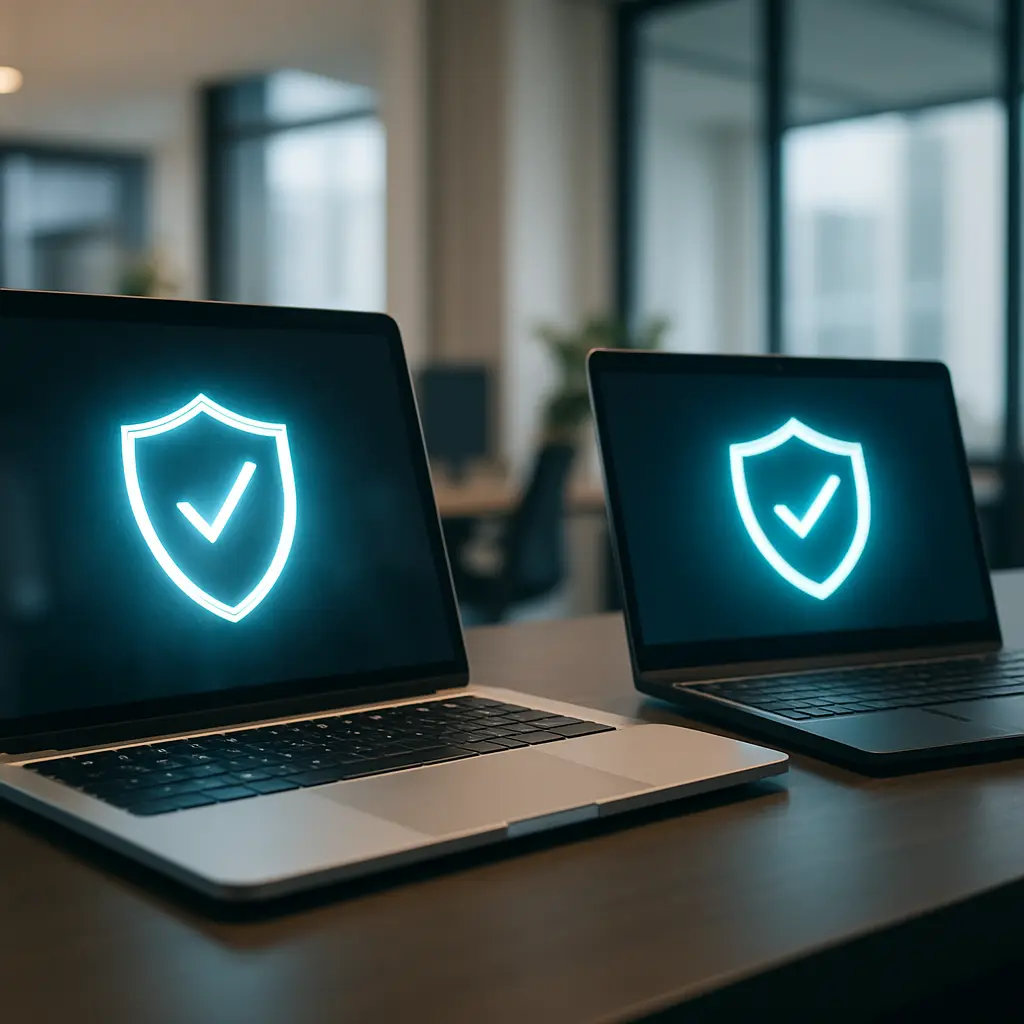 Person working confidently on a laptop with abstract security elements in the background