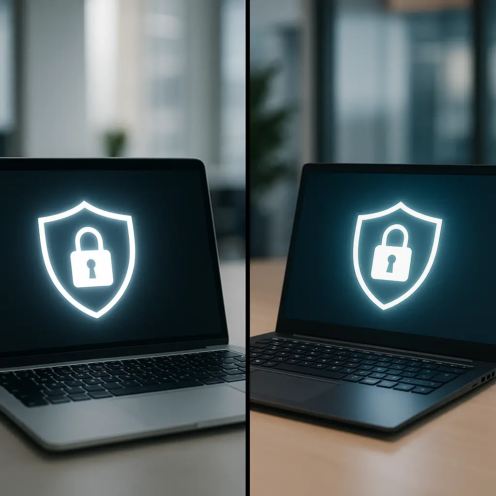 Side-by-side comparison of a MacBook and Windows laptop with security shield icons overlaid on their screens