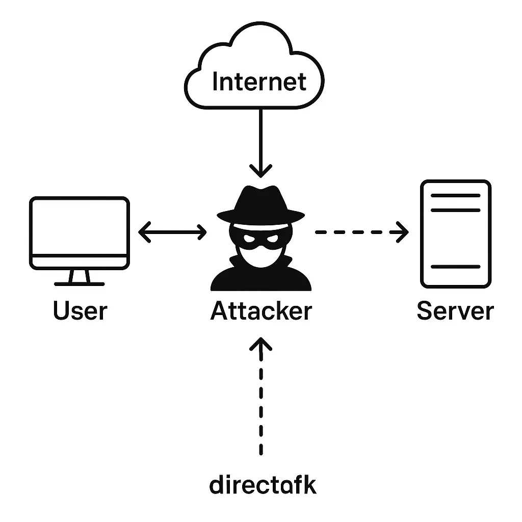Network diagram showing attacker positioned between user device and destination server, intercepting encrypted traffic flow