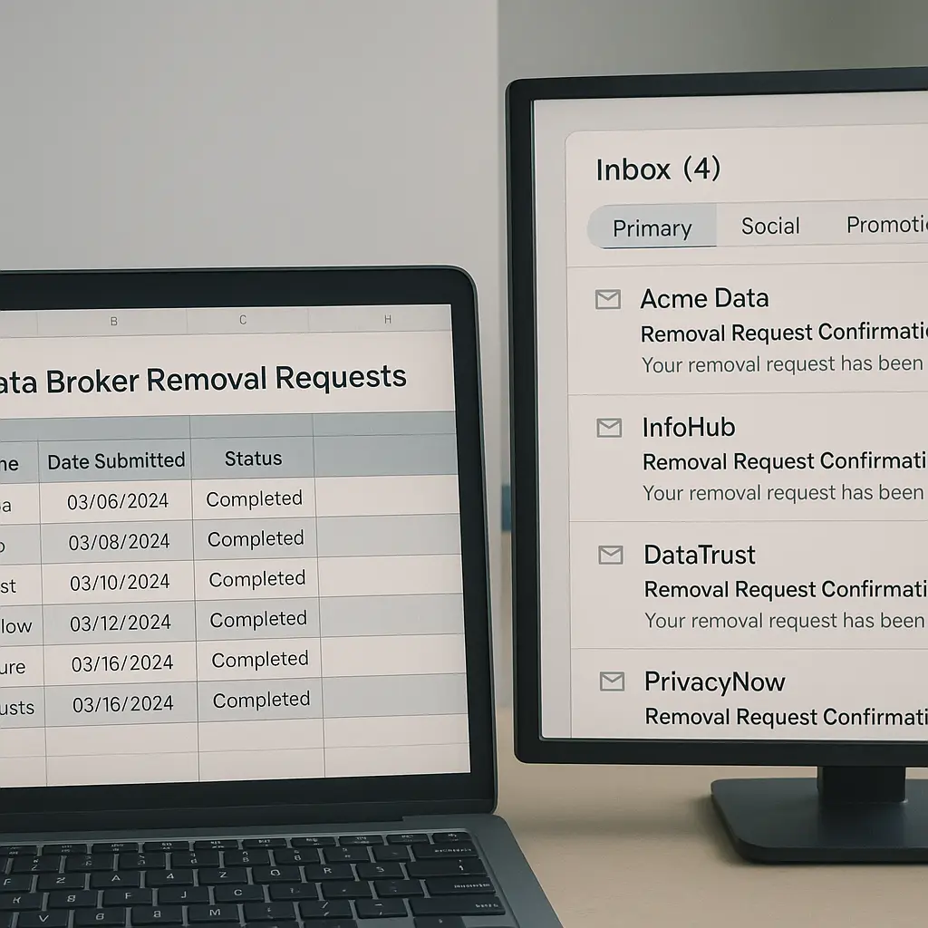 Stack of printed confirmation emails from data brokers acknowledging removal requests