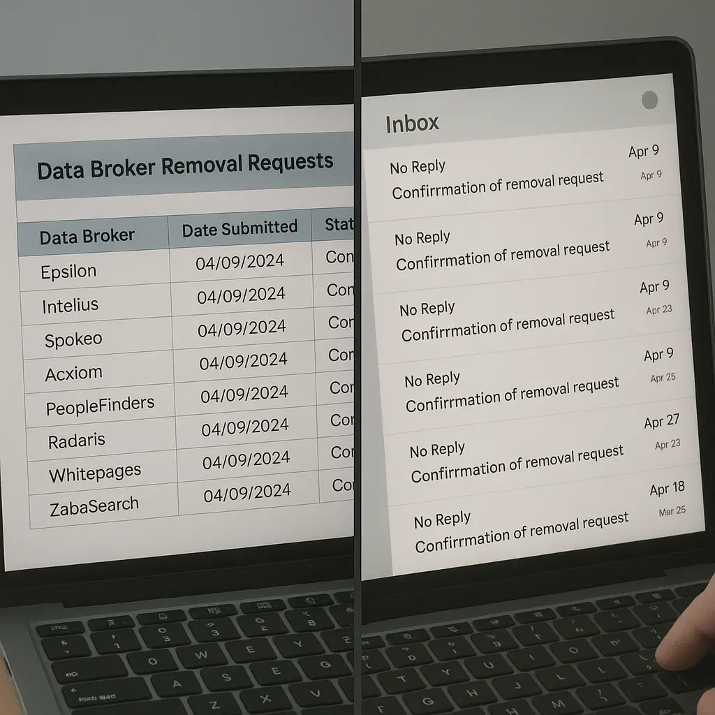 Person reviewing printed list of data broker websites with checkboxes, marking completed removal requests