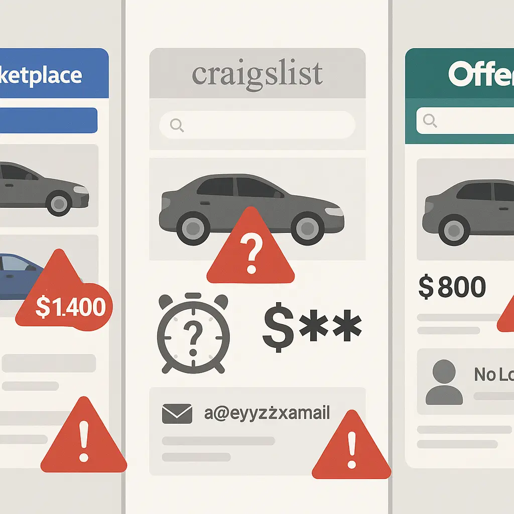Split screen showing Facebook Marketplace, Craigslist, and OfferUp interfaces with warning symbols overlaid on suspicious listings