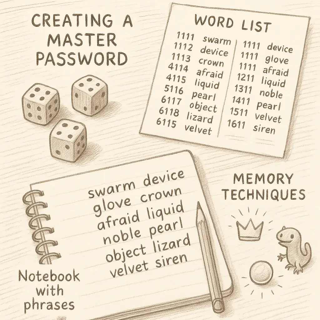 Hand-drawn sketch of a password construction process using dice, word lists, and memory techniques on paper