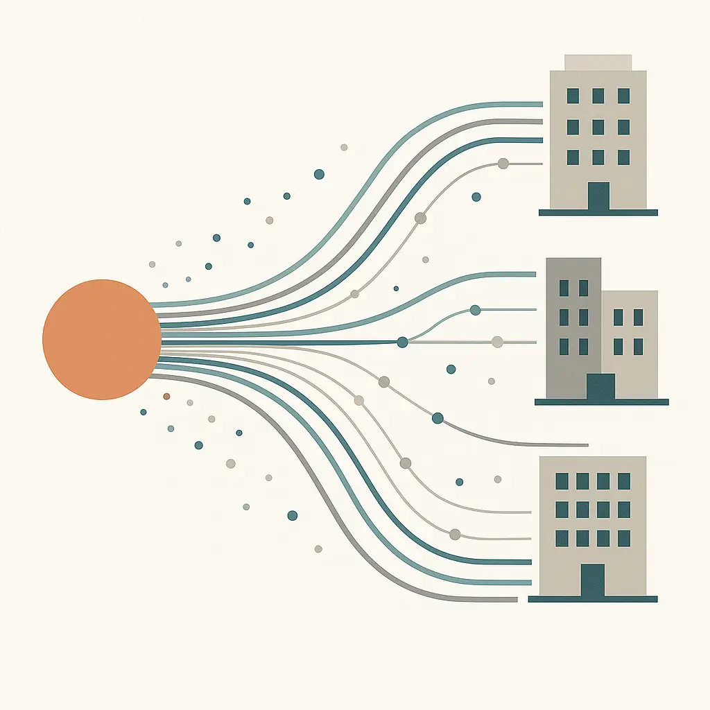 Abstract visualization of data flowing from a single source to multiple connected nodes representing partner companies