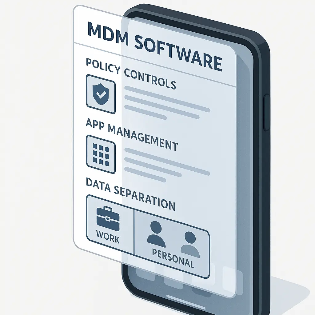 Split-screen illustration showing work data container separate from personal apps and photos on a managed device