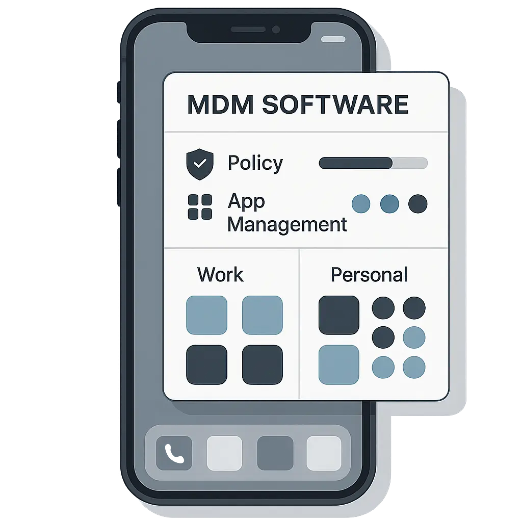 Smartphone screen displaying MDM configuration profile with company policies and device management settings