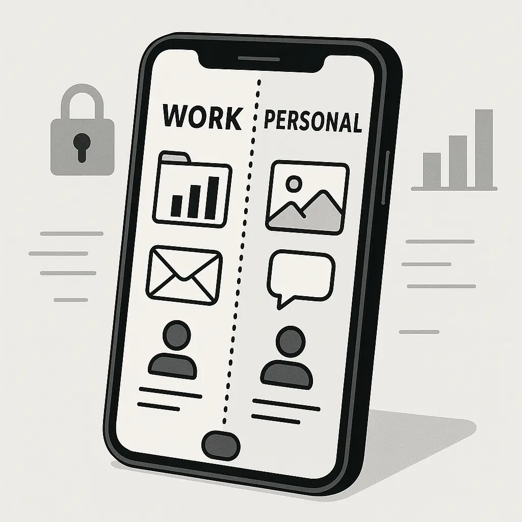 Split-screen illustration showing work apps on one side and personal apps on the other, separated by a privacy boundary