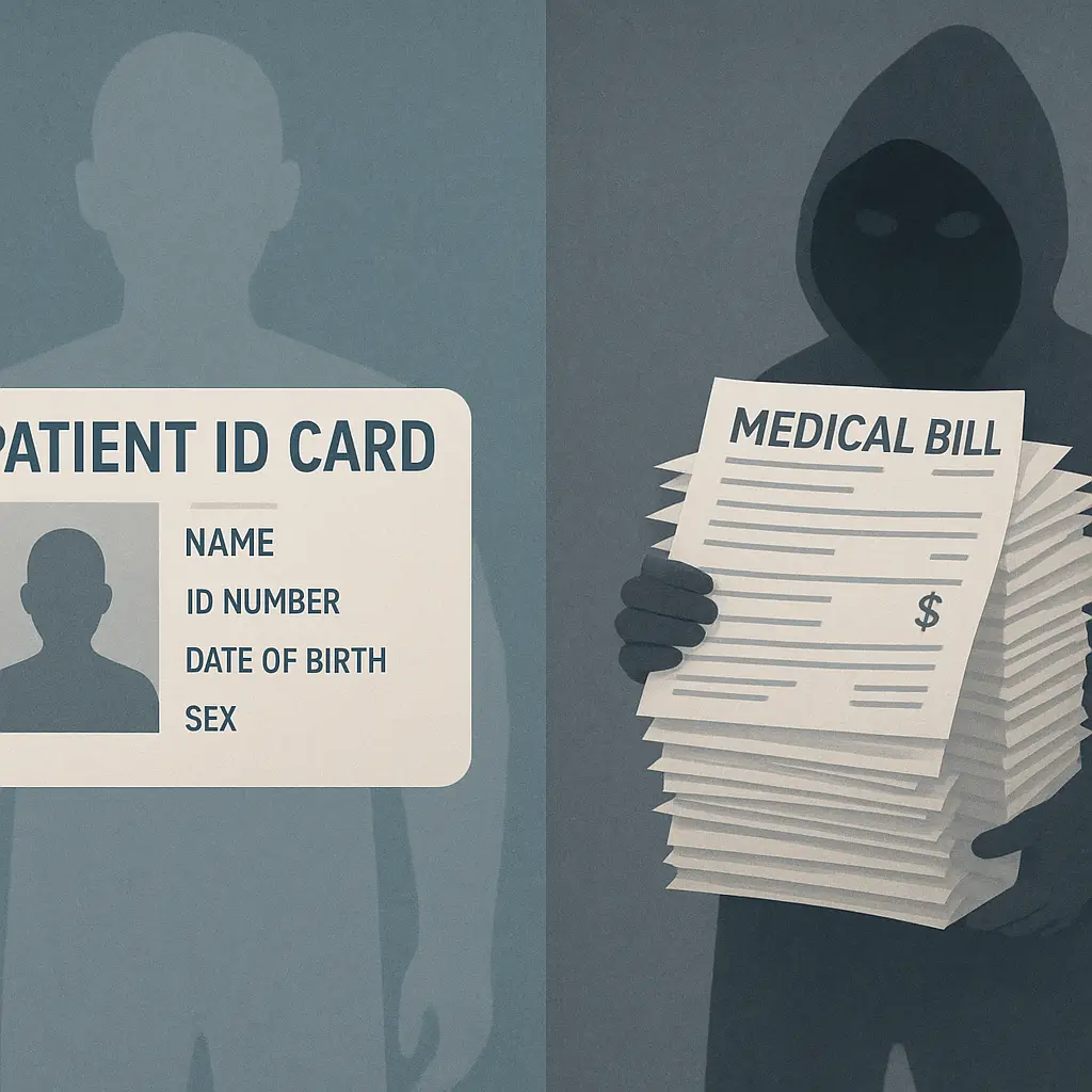 A medical chart with someone else's treatment history overlaid on your name, symbolizing corrupted health records