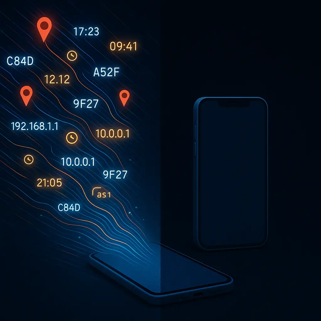 Split-screen comparison showing a phone with default settings on the left (surrounded by glowing metadata streams) and a phone with privacy settings enabled on the right (minimal data leakage)