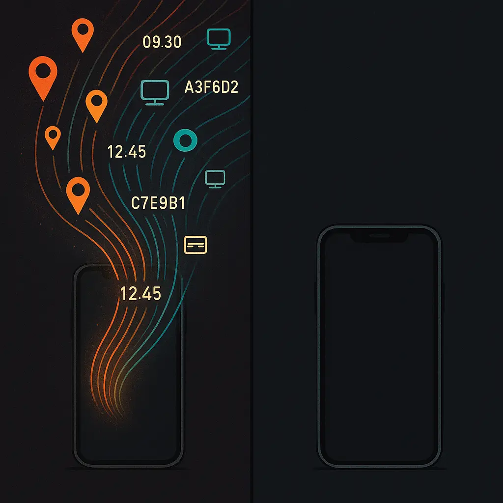 Abstract visualization of metadata flowing from a smartphone—location pins, timestamps, device IDs, and connection logs forming a trail against a dark background