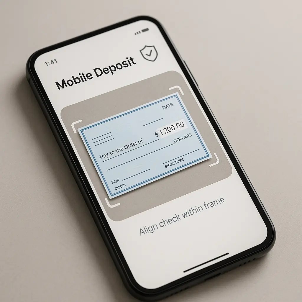 Person holding smartphone at desk with paper check and security checklist visible