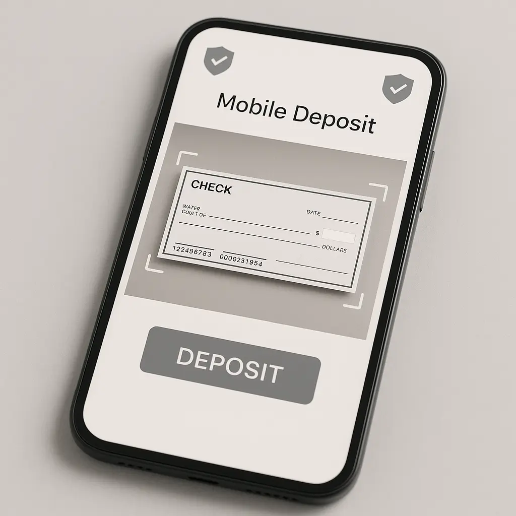 Smartphone displaying a check capture screen with security icons overlaid on a neutral background