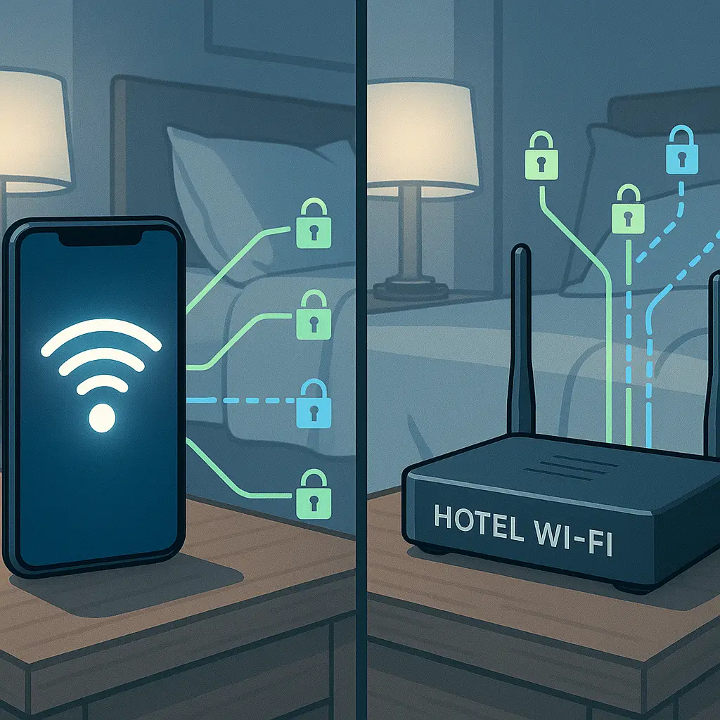 Traveler working on laptop in hotel room with both phone hotspot and WiFi router visible, choosing between connection methods