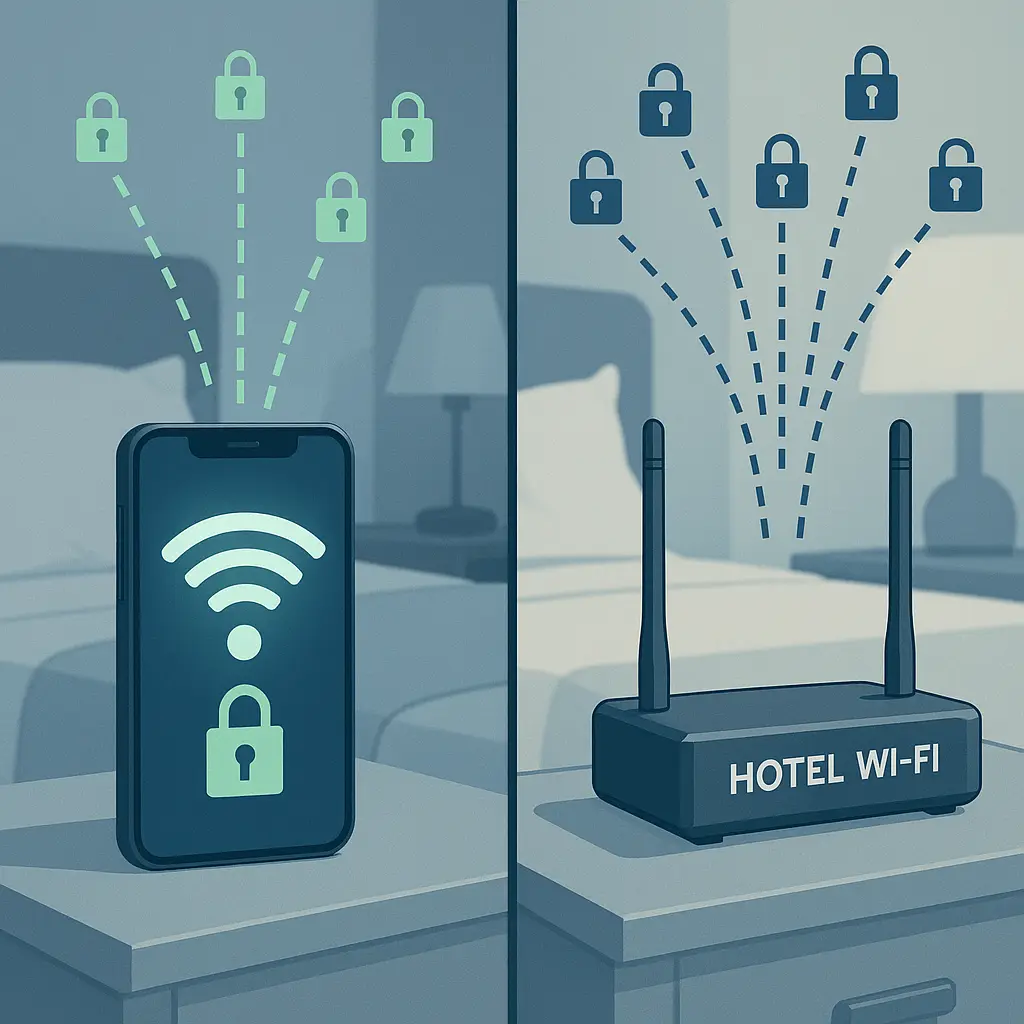 Split screen showing a smartphone with hotspot enabled on the left and a hotel room WiFi router on the right, with encrypted data streams flowing from both