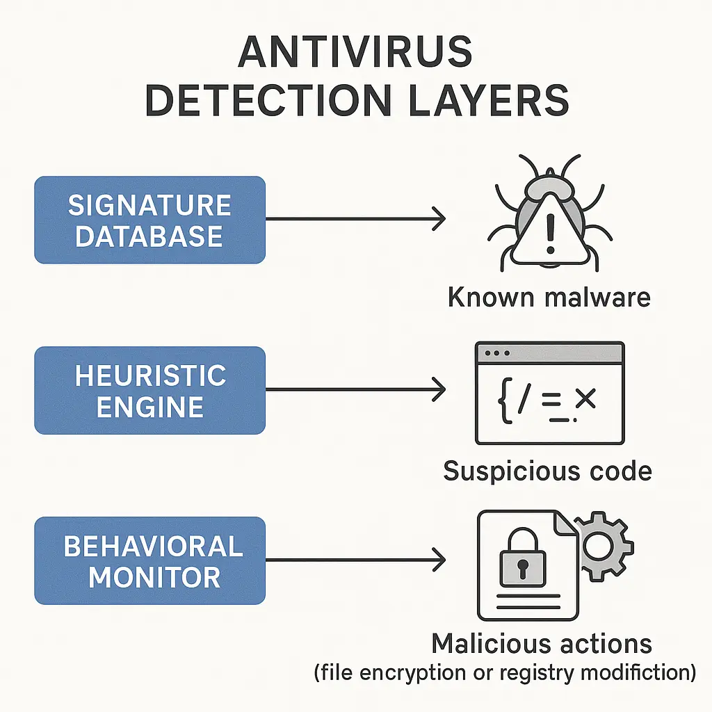 Visual representation of antivirus as one layer in a multi-layer security stack including updates, backups, and user awareness