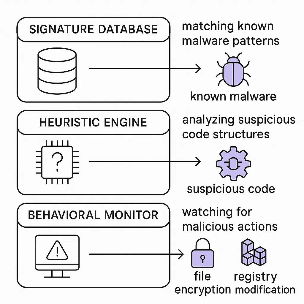 Layered diagram showing antivirus signature matching, heuristic analysis, and behavioral monitoring working together to detect threats