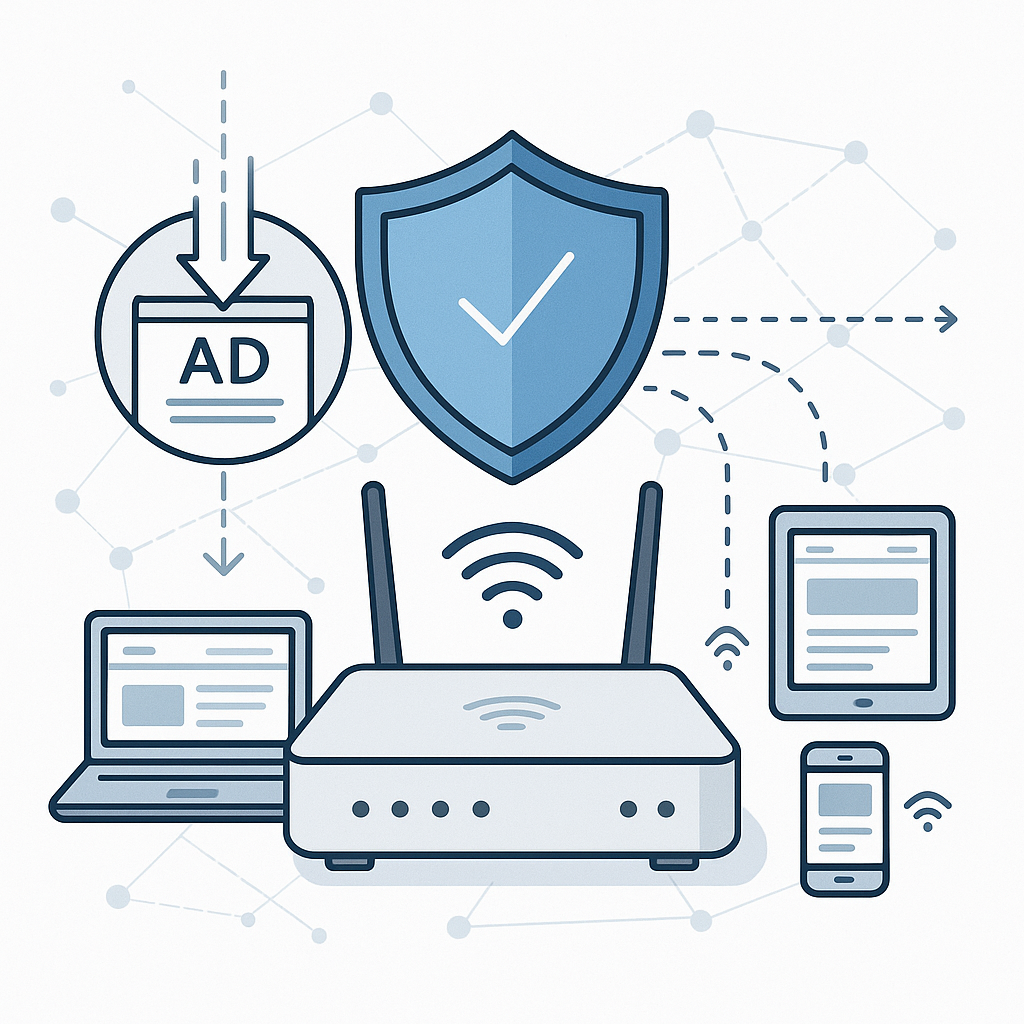 Router with shield icon blocking ad traffic across multiple connected devices