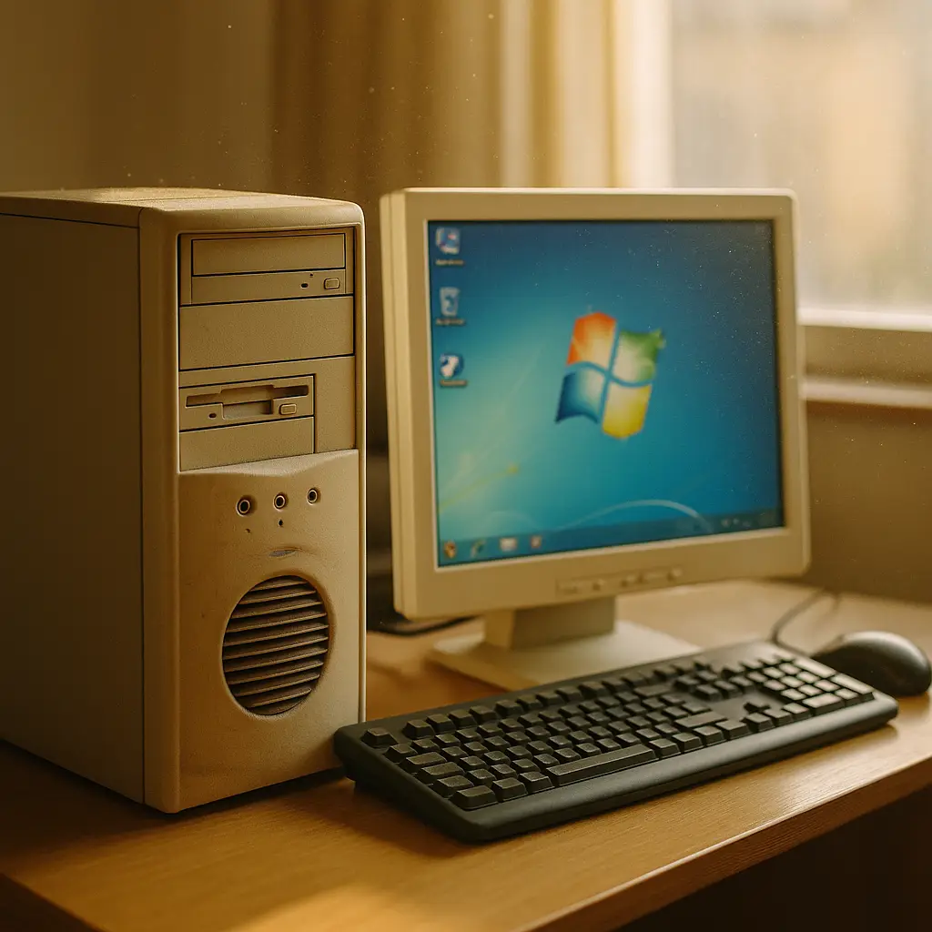 Modern laptop next to vintage desktop tower, representing the transition from old to current computing hardware