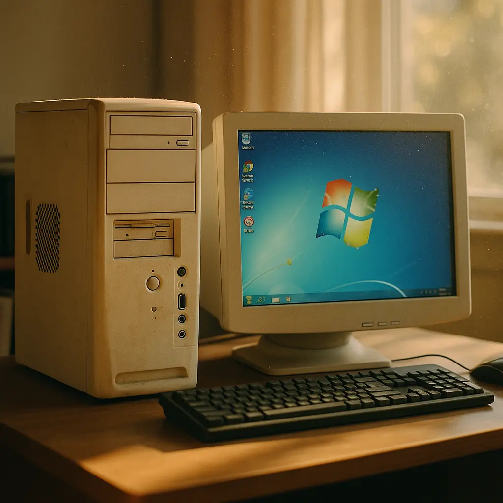 Aged desktop computer with visible dust accumulation on a home desk, monitor displaying an outdated operating system interface