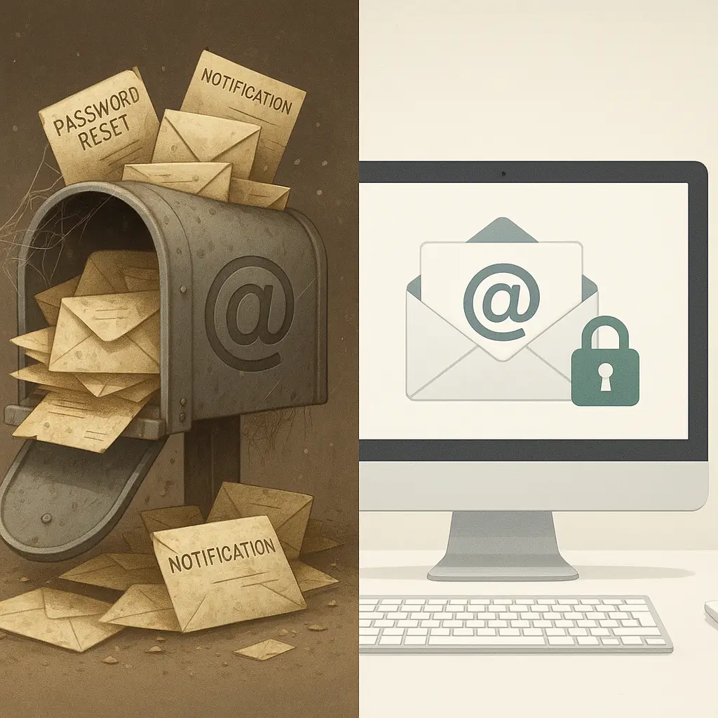 Abandoned email inbox with years of accumulated messages and account connections