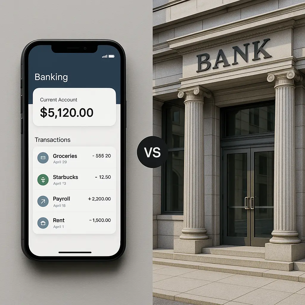 Decision tree diagram showing key factors to consider when choosing between online-only and traditional banks, with branches for FDIC coverage, fraud protection, and access needs