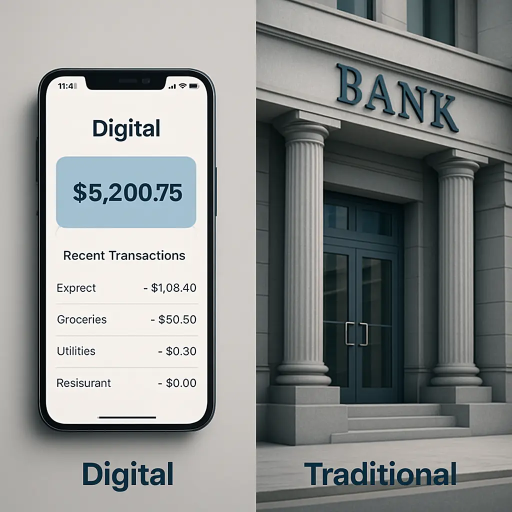 Split screen showing a smartphone banking app interface on one side and a traditional bank branch exterior on the other, representing the comparison between digital and physical banking security