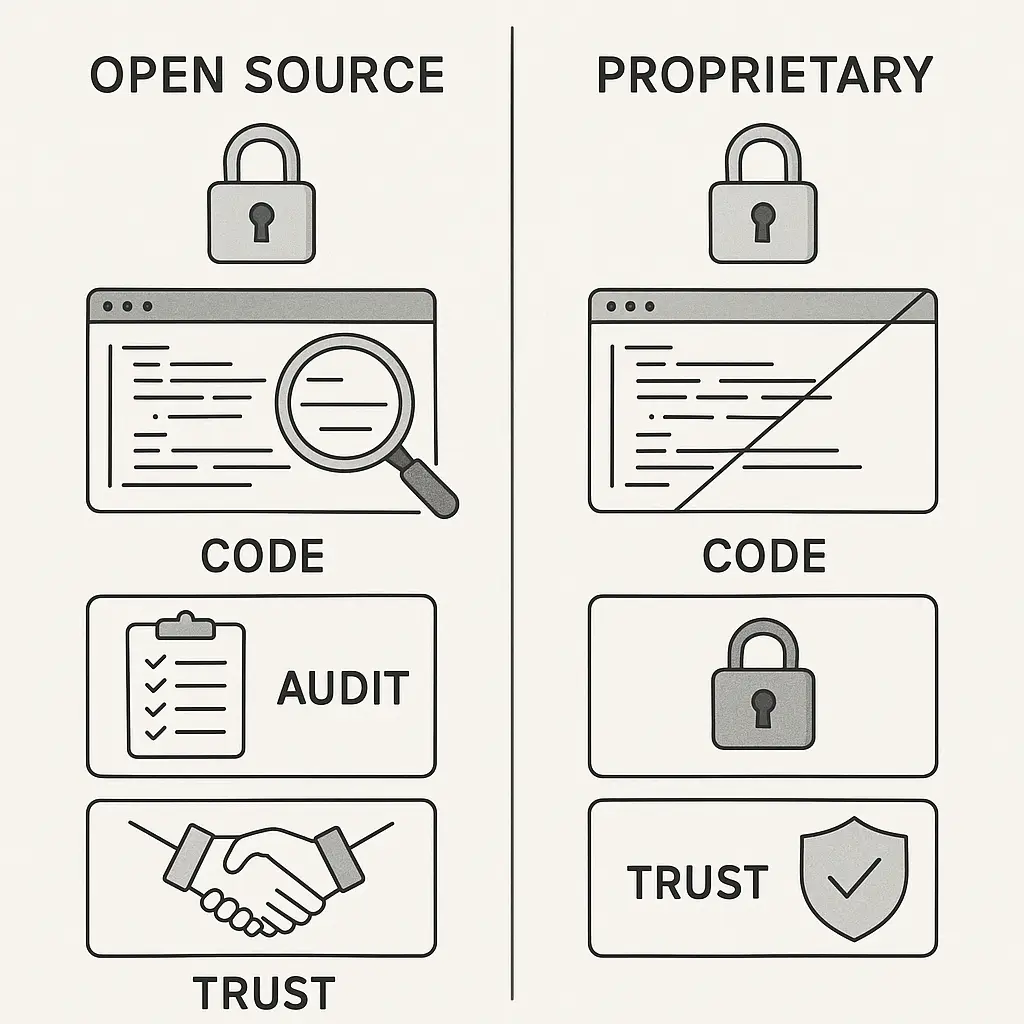 Split screen showing source code on one side and a locked vault on the other, representing open and closed security models
