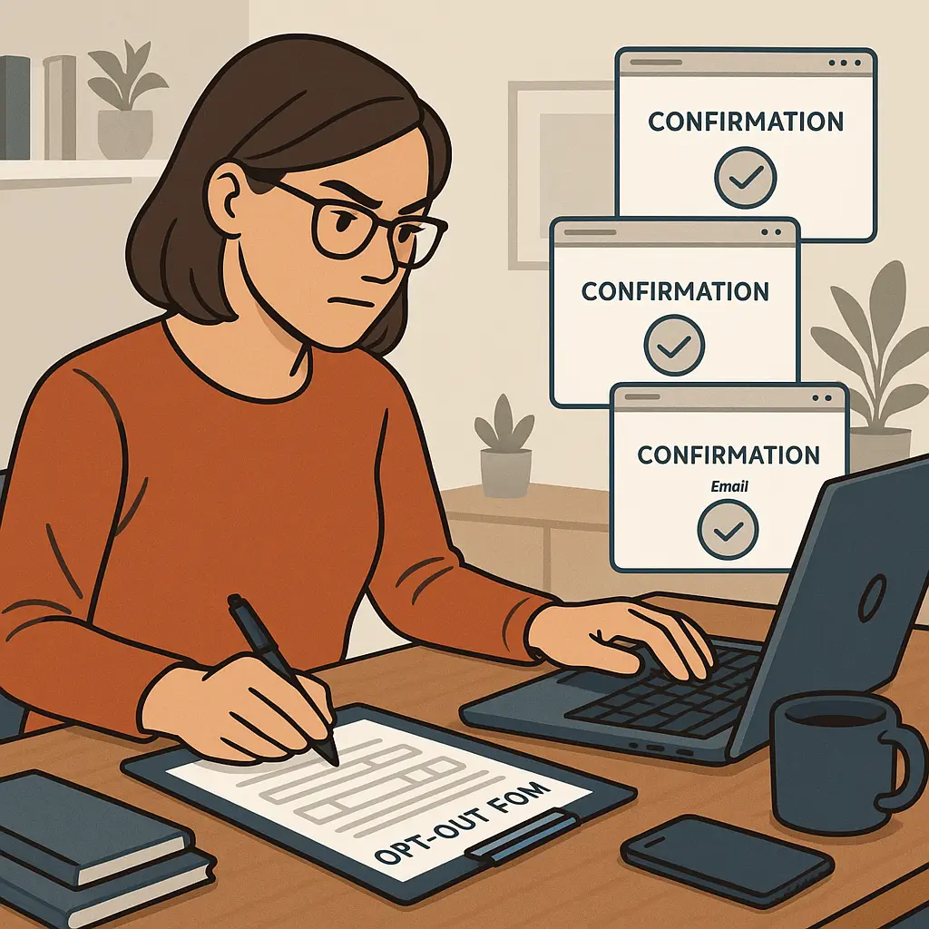 Person at laptop reviewing data broker opt-out forms with multiple browser tabs open