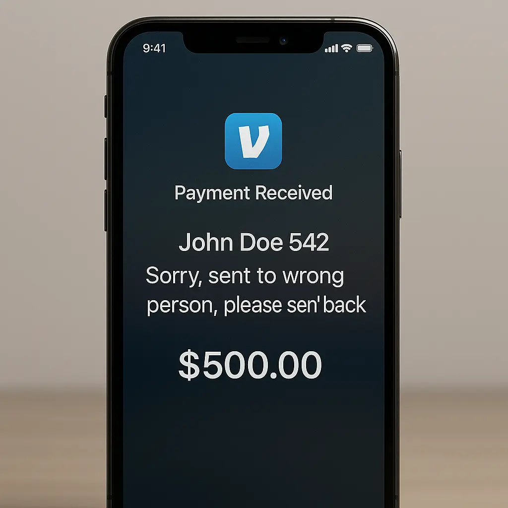 Phone screen showing Venmo notification for unexpected payment with message claiming accidental transfer