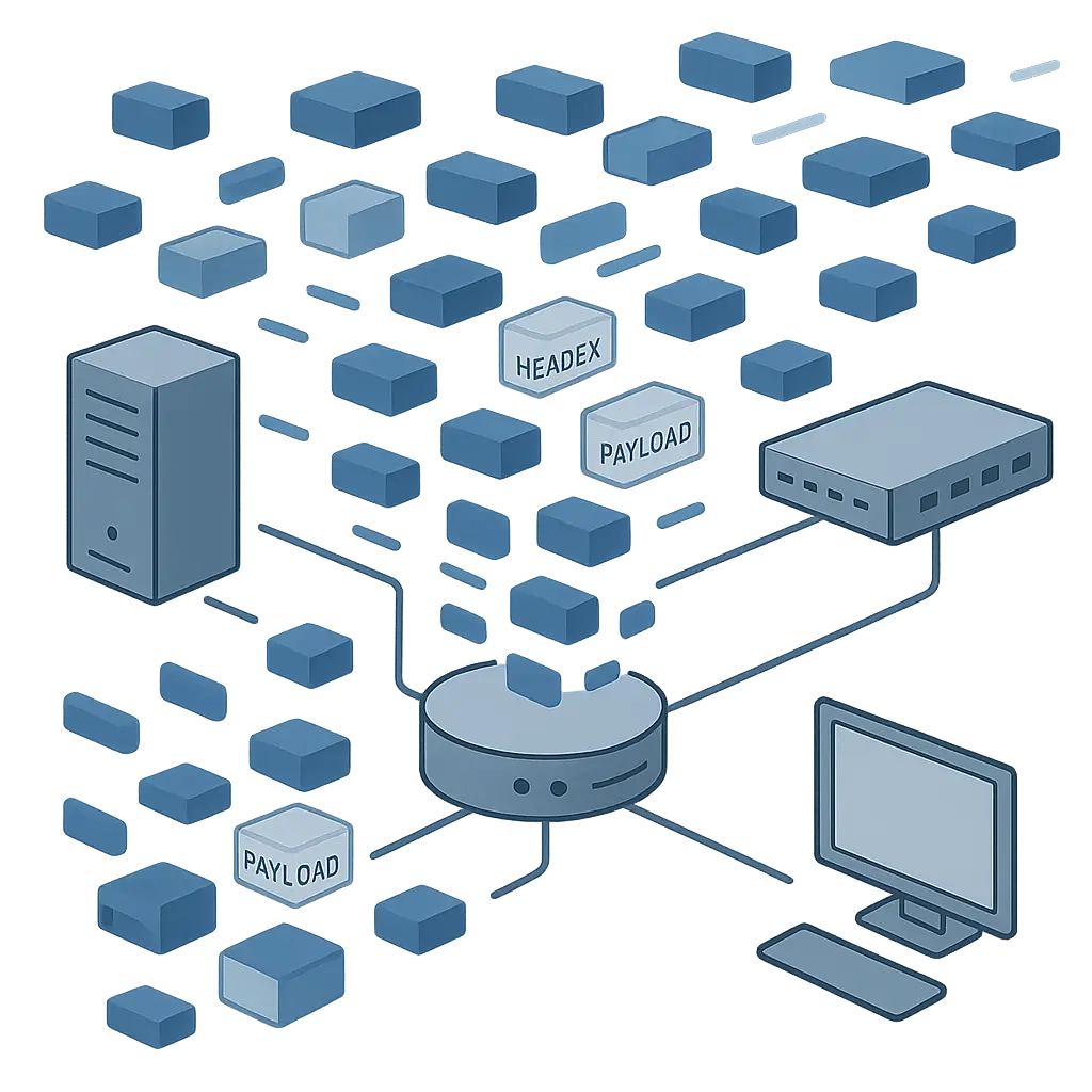 Network packets flowing through a transparent pipeline with visible data headers