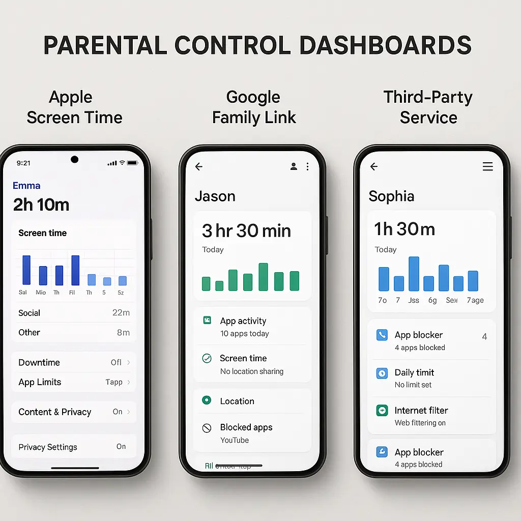 Decision flowchart for choosing parental control systems based on child age and device type