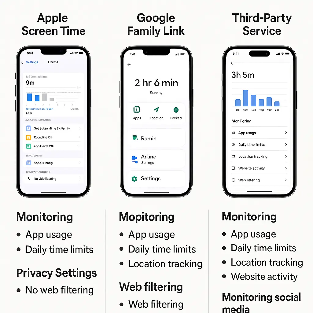 Side-by-side comparison of parental control interfaces showing different filtering and monitoring options